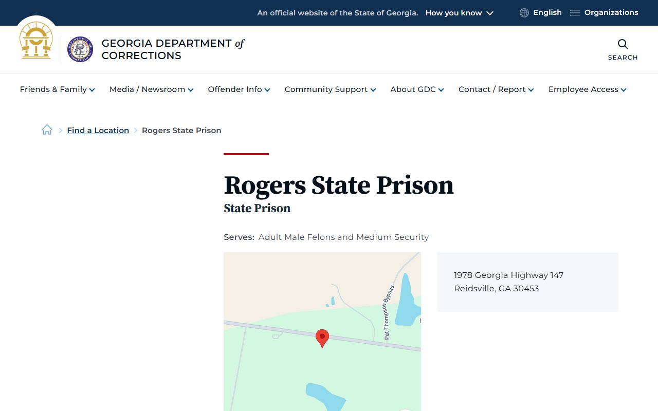 Rogers State Prison GDC facility page for custody search in Tattnall County