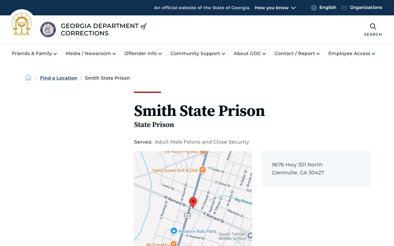 Smith State Prison GDC facility page for inmate lookup in Tattnall County